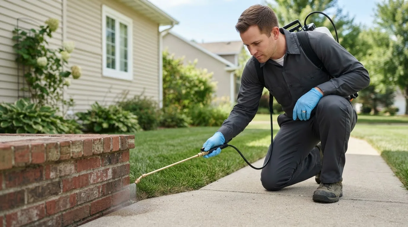 Pest control technician treating a home near Wheatland, ND